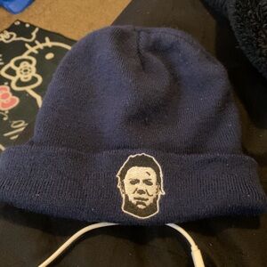 Navy Knit Beanie with Embroidered Mask Patch